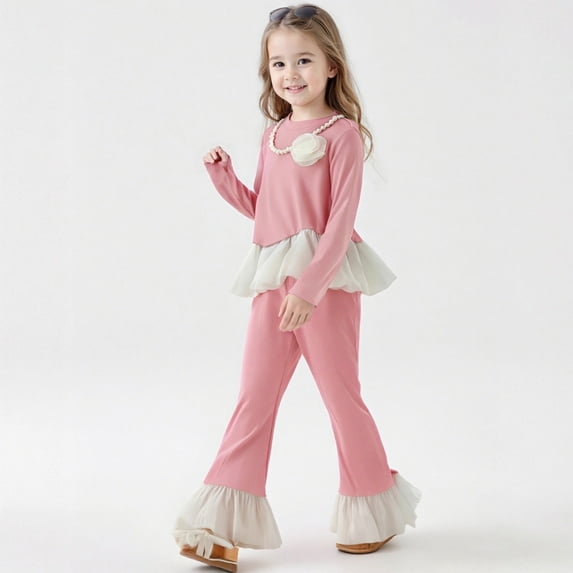 REDARER Girls 2-Piece Set, Ruffle Hem Top & Flared Pants with Free Necklace, Autumn Outfit for School and Casual Wear,Size:5-6 Years