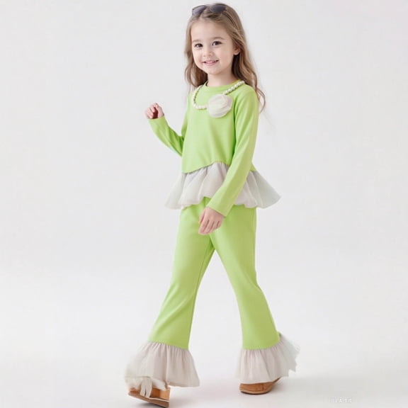 REDARER Girls 2-Piece Set, Ruffle Hem Top & Flared Pants with Free Necklace, Autumn Outfit for School and Casual Wear,Size:7-8 Years
