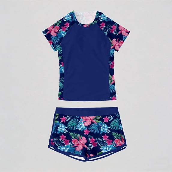 REDARER Girls 2-Piece Swim Rash Guard Set â Tropical Floral Print, UPF 50+ Sun Protection, Top & Shorts for Beach Pool Summer Outfits,13-14 Years