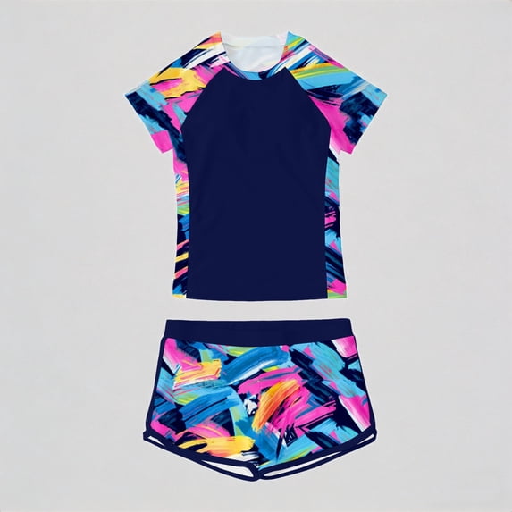REDARER Girls 2-Piece Swim Set â Brushstroke Print Rash Guard & Shorts, UPF 50+ Sun Protection, for Beach Pool Summer Play,9-10 Years