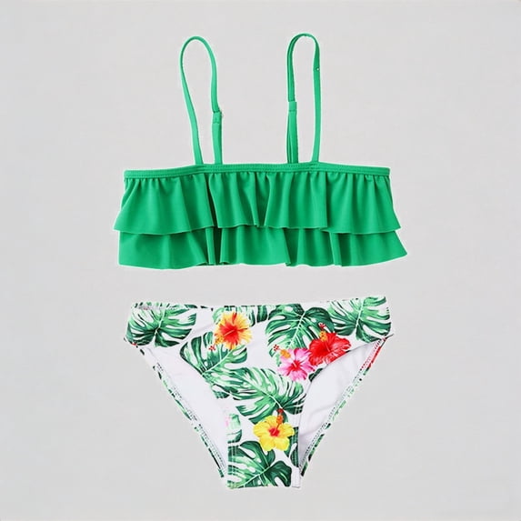 REDARER Girls' 2-Piece Swim Set – Double-Ruffled Top + Tropical Leaf & Floral Print Bottoms, Vacation Beach Swimwear,6-7 Years