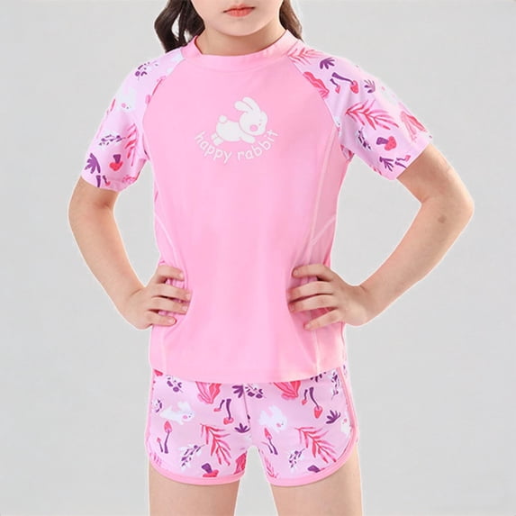 REDARER Girls' 2-Piece Swim Set – Short-Sleeve Rash Guard & Patterned Trunks, Cute Kids' Summer Swimwear,XXL
