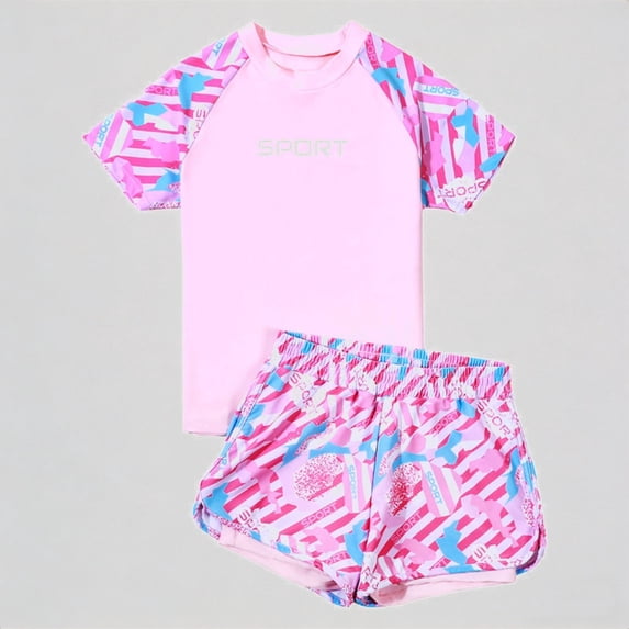 REDARER Girls' 2-Piece Swim Set – Short-Sleeve Rash Guard & Patterned Trunks, Stylish Beach/Pool Swimwear,150