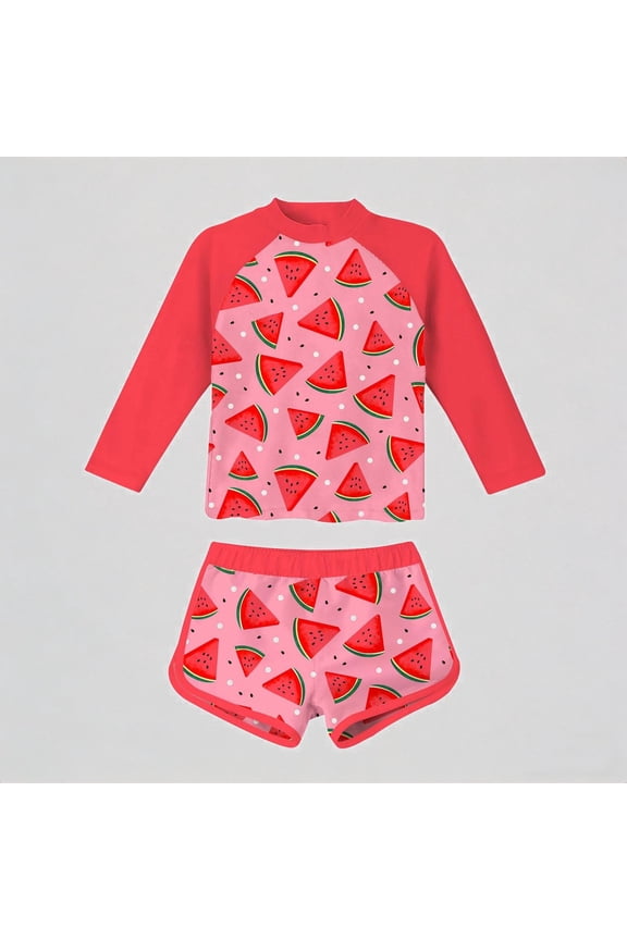 Girls' 2-Piece Swim Set – Watermelon Print Long-Sleeve Rash Guard & Matching Shorts, Cute UV-Protective Beach/Swim Outfit,8-9 Years