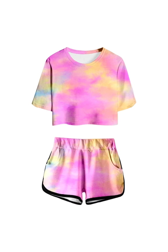 Girls 2025 Summer Tie-Dye 2-Piece Set | Cute Round Neck Top & Shorts w/Pocket | Lightweight Comfy Outfit for Juniors,Size 11-12 Years