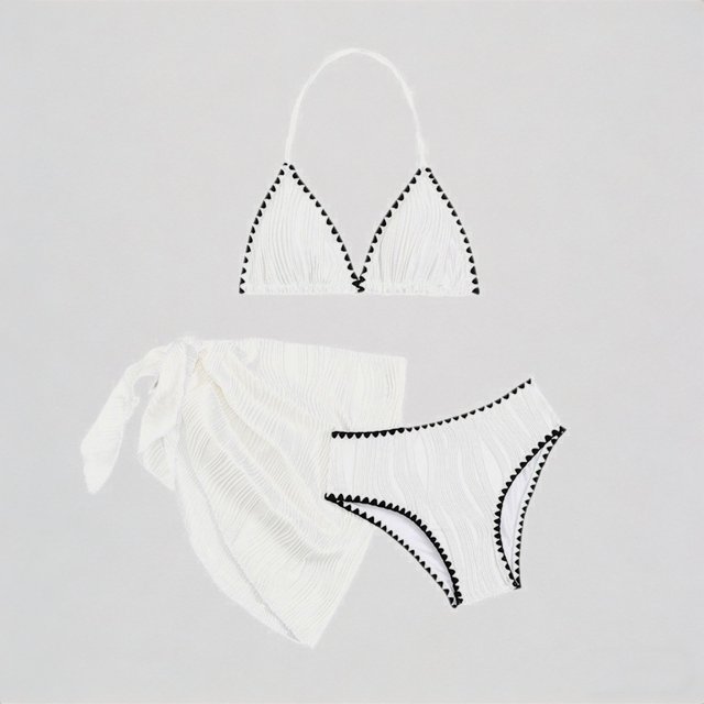 REDARER Girls' 3-Piece Bikini Set – Textured Halter Top + Bottom & Wrap Skirt with Black Trim, Stylish Beach Vacation Swimwear,8Y