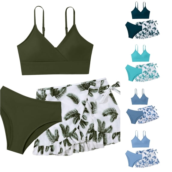 REDARER Girls 3 Piece Bikini Swimsuit Adjustable Spaghetti Strap Ruffle Leaf Wrap Skirt Beach Bathing Suit Set,11-12 Years