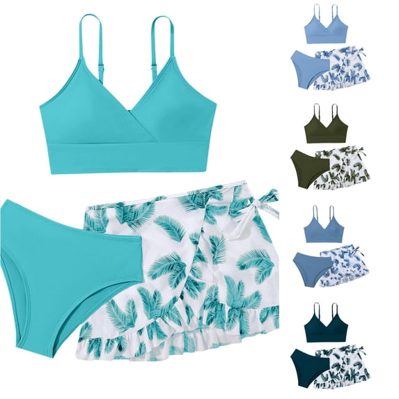 REDARER Girls 3 Piece Bikini Swimsuit Adjustable Spaghetti Strap Ruffle Leaf Wrap Skirt Beach Bathing Suit Set,12-13 Years
