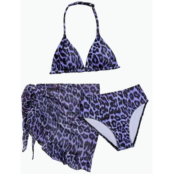 REDARER Girls 3-Piece Leopard Print Halter Bikini Swimsuit with Ruffle Sarong Bathing Suit for Big Kids Teens,11-12 Years