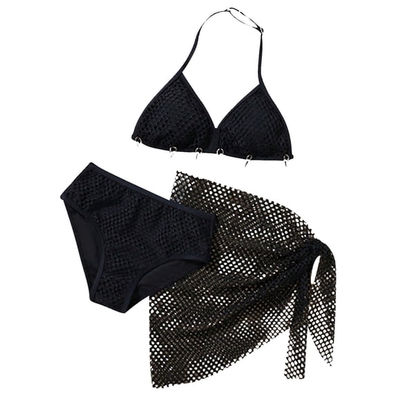REDARER Girls 3 Piece Mesh Bikini Swimsuit Halter Tie Straps with Cover Up Skirt Summer Beachwear Bathing Suit,9-10 Years