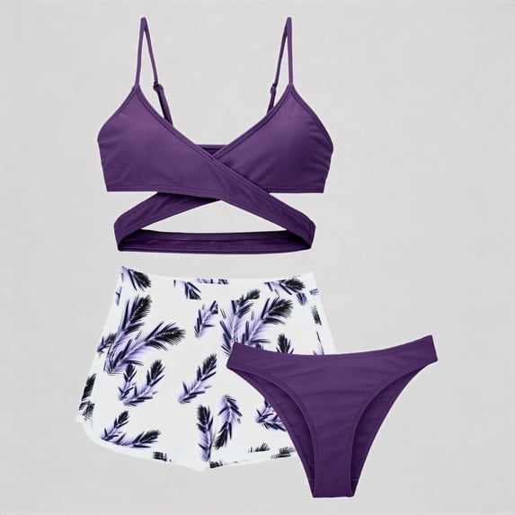 REDARER Girls' 3-Piece Swim Set – Black Cross-Front Top + Tree Print Shorts & Bikini Bottom, Stylish Summer Beach Swimwear,8-9 Years