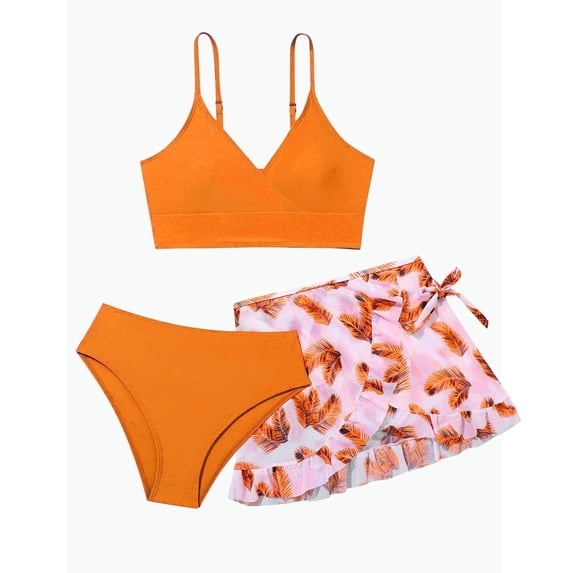 REDARER Girls 3 Piece Swimsuit Feather Print Ruffle Skirt Cover Up UPF 50+ Swimwear Summer,8-9 Years