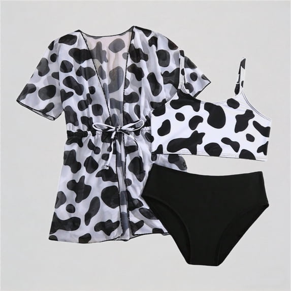 REDARER Girls 3-Piece Swimsuit Set: Cow Print Design, Tie-Waist Cover Up, Bikini Top + Bottom – Summer Fashion Beach Bathing Swimwear,8-9 Years