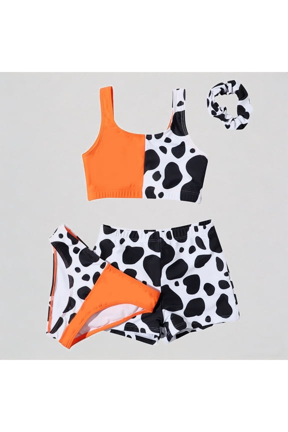 Girls' 4-Piece Swim Set – Cow Print & Color-Block Design, Bikini Top, Bottom, Shorts & Scrunchie, Adjustable Straps for Summer Beach Pool,8-10 Years