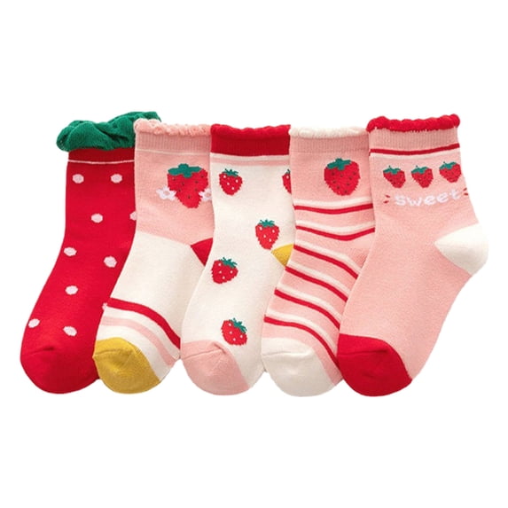 REDARER Girls' 5-Pack Cotton Ankle Socks Breathable Soft Cute Strawberry & Stripe Pattern Socks with Ruffled for Daily Wear,XL