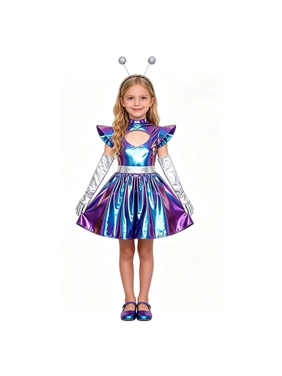 Girls Alien Space Cosplay Dress Holographic Metallic Flutter Sleeve Gown with Antenna Headband and Long Gloves for Halloween Party Performance Fancy Dress Outfit,10-11 Years