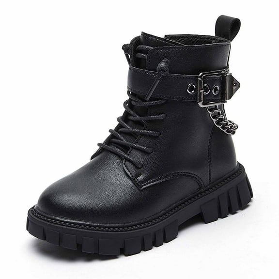 REDARER Girls Ankle Boots Winter Warm Plush Lined Soft Sole Classic British Style Buckle Chain Side Zipper Martin,Size:3.5-4 Years