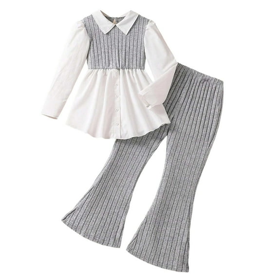 REDARER Girls 2 Piece Set Long Sleeve Top with Flared Pants Fashion Casual Outfit Comfortable Toddler Wear Autumn,Color:Grey,Size:9-10 Years