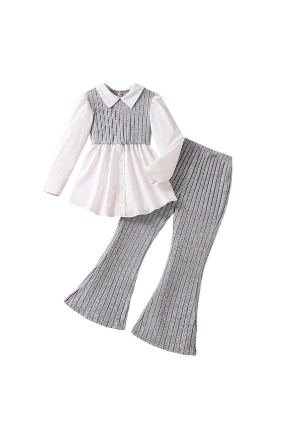 Girls 2 Piece Set Long Sleeve Top with Flared Pants Fashion Casual Outfit Comfortable Toddler Wear Autumn,Color:Grey,Size:9-10 Years