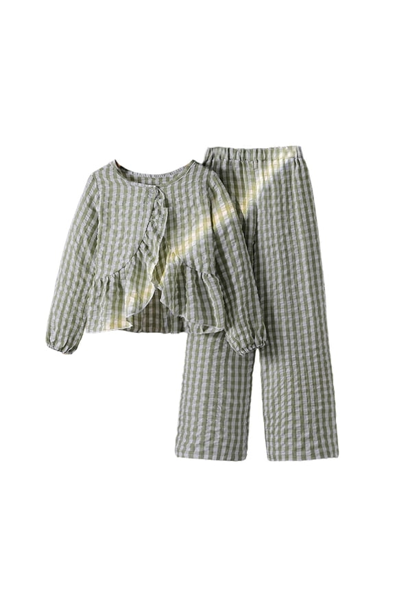 Girls Autumn Two Piece Set - Plaid Long Sleeve Top with Ruffle Trim and Wide Leg Pants, Loose Fit,Size:9-10 Years