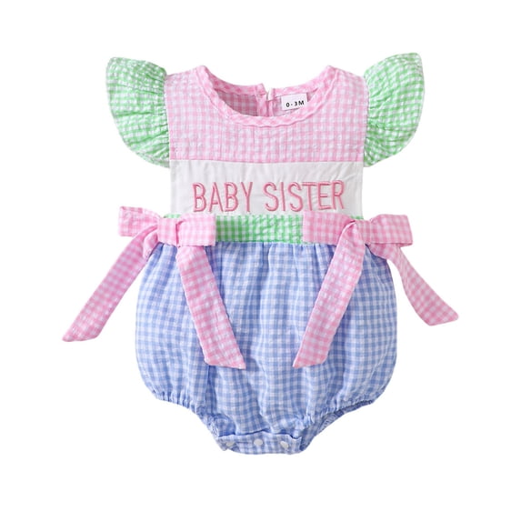 REDARER Girls "BABY SISTER" Embroidered Romper with Ruffle Fly Sleeves, Bowknots and Plaid Pattern Bodysuit,0-3 Months