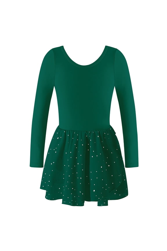 Girls Ballet Dress, Long Sleeve Leotard with Back Straps & Sparkly Sequins, Dance Performance Practice Wear,Size:4-5 Years