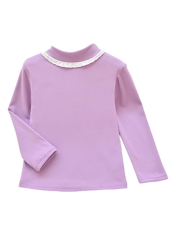 Girls Base Shirt with Lace Detail, Soft Lined Long Sleeve Top, Cozy Winter Base Layer with Half Turtleneck for Kids,Size:3-4 Years
