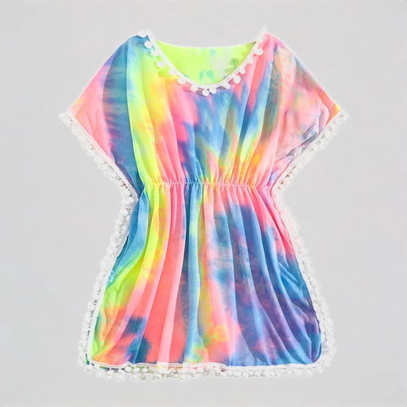 REDARER Girls' Beach Cover-Up Smock – Neon Tie-Dye Print & Pom-Pom Trim, Flowy Short-Sleeve Holiday Swimwear,13-14 Years