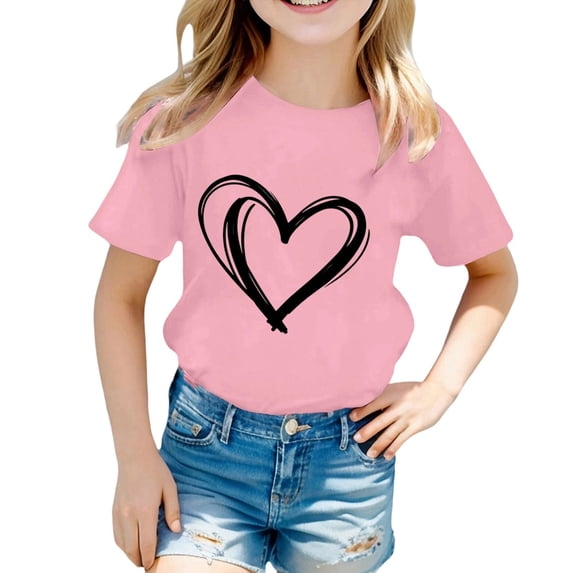 REDARER Girls' Big Kids Heart Themed Print Tee - Round Neck Short Sleeve Summer Loose Fitting Casual Comfortable Daily Wear Top,3-4 Years