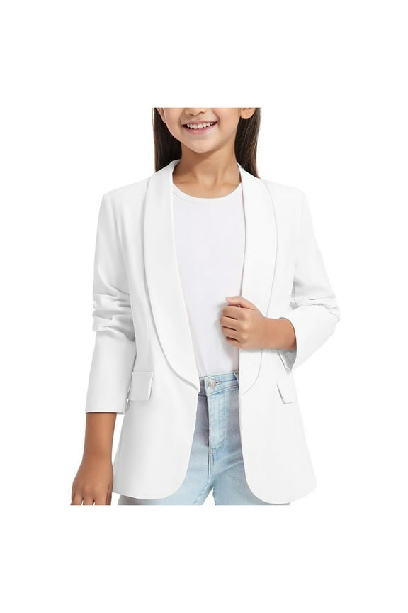 Girls Blazer Jacket - Long Sleeve Open Front Formal Coat with Inner Pocket, British Style Spring Outwear for Kids,Size:13-14 Years