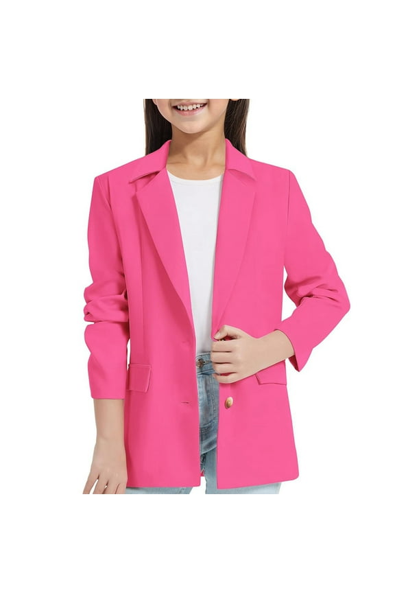 Girls Blazer Jacket - Notched Lapel Long Sleeve Coat with Inner Pocket, Open Front Casual Suit for Fall Wear,Size:7-8 Years