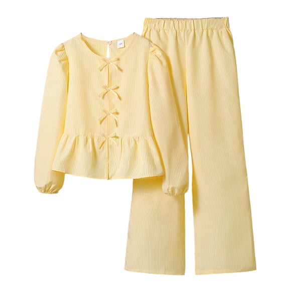 REDARER Girls' Bow Knot Ruffle Striped Blouse & Pants 2-Piece Fall Casual Fashion Toddler Outfit,7-8 Years