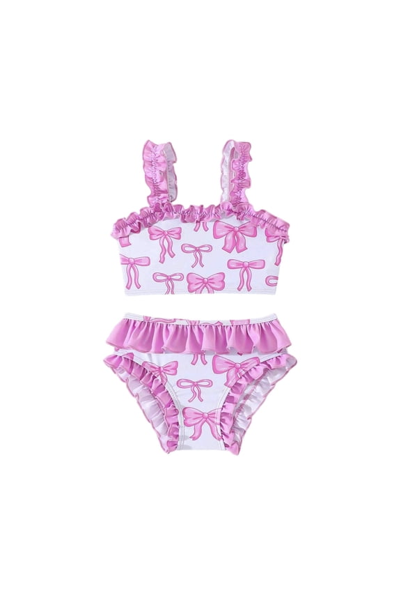 Girls Bow Print Two Piece Swimsuit with Ruffle Trim Straps & Ruffled Bottoms for Toddler Kids,18-24 Months