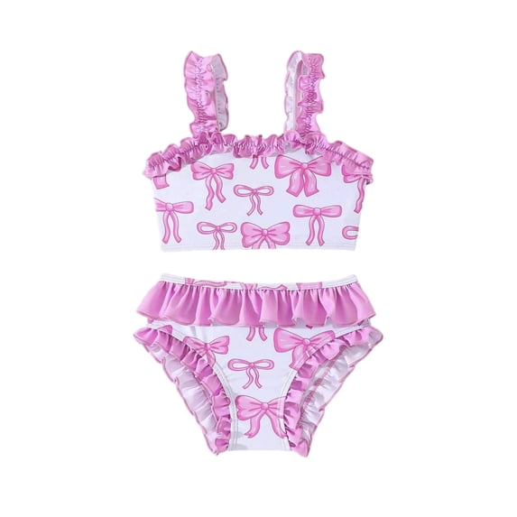 REDARER Girls Bow Print Two Piece Swimsuit with Ruffle Trim Straps & Ruffled Bottoms for Toddler Kids,3-4 Years
