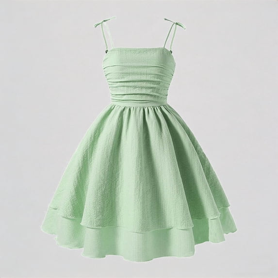REDARER Girls Bow Tie Strap Dress Ruched Tiered Sleeveless Green Summer Casual Party Dress,10 Years