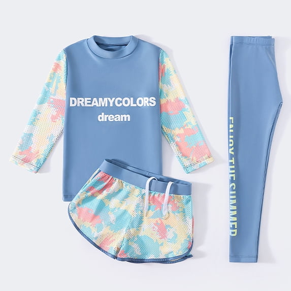 REDARER Girls Boys 3 Piece Swimsuit Long Sleeve Swim Shirt with Trunks Pants Rash Guard Set + Swimwear,Girls Swimsuit,11-12 Years