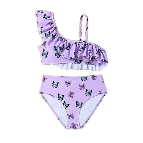 REDARER Girls Butterfly Print Two Piece Swimsuit with Asymmetrical Ruffle Shoulder Strap Top & High Waisted Bottoms for Summer Pool Beach,12-13 Years