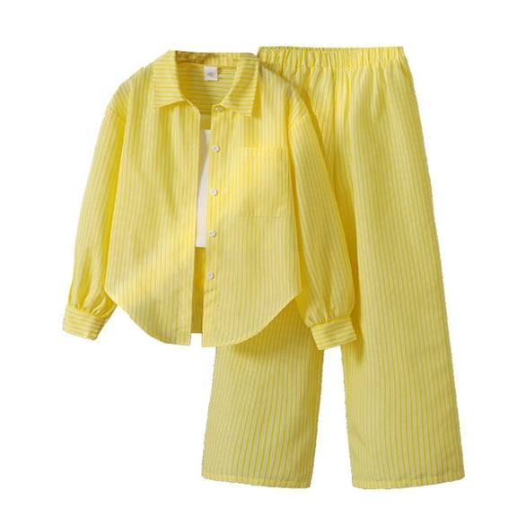 REDARER Girls' Button Down Bow Shirt & Classic Striped Pants 2-Piece Autumn Comfortable Casual Outfit,8-9 Years