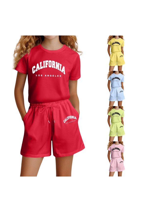 Girls California Los Angeles Letter Print 2 Piece Outfit, Casual Loose Short Sleeve T-Shirt & Drawstring Shorts Summer Tracksuit,3-4 Years