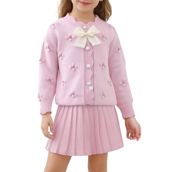 REDARER Girls Cardigan and Skirt Set Bow Detail Sweater Knit Outfit Cute Two Piece for Kids,3-4 Years
