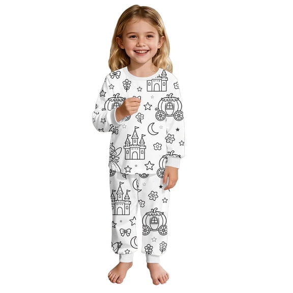 REDARER Girls Castle DIY Doodle Pajama Set, Long Sleeve Top & Pants Two Piece Outfit, Soft Comfortable Kids Sleepwear & Playful Loungewear,3-4 Years