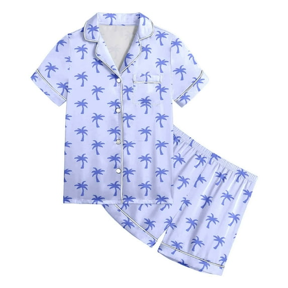 REDARER Girls Casual Bow Printed Button Lapel Short Sleeved Top Shorts and Pajamas Set,11-12 Years