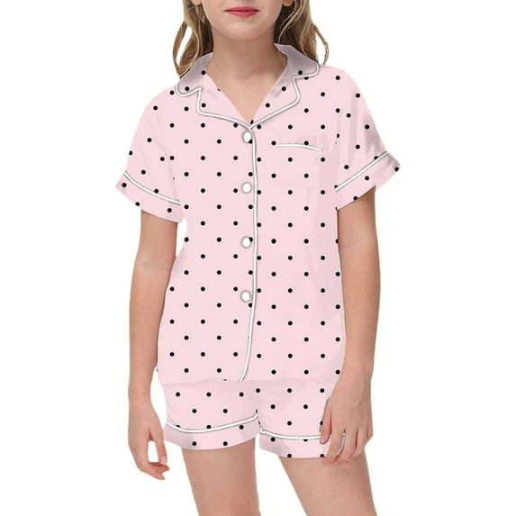 REDARER Girls Casual Short Sleeve Button Down Shirt and Shorts Pajama with Dot Print for Comfortable Lounging and Sleepwear Outfits,4-5 Years