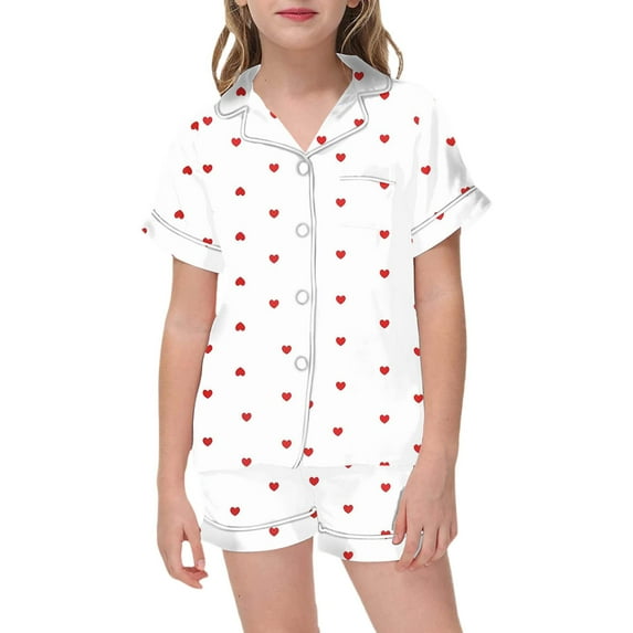 REDARER Girls Casual Short Sleeve Button Down Shirt and Shorts Pajama with Heart Print for Comfortable Lounging and Sleepwear Outfits,4-5 Years