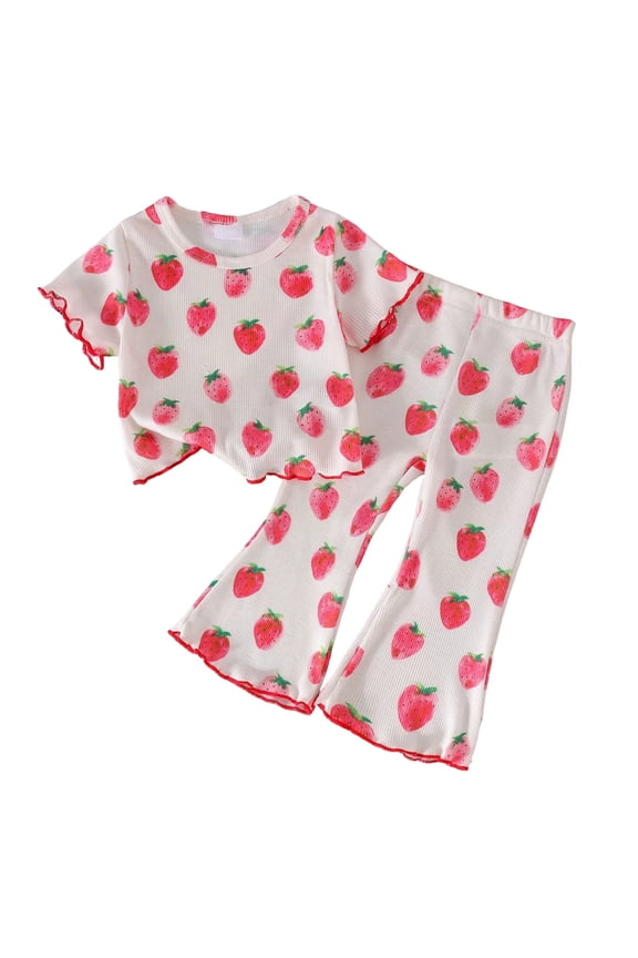 Girls Casual Wear Set, Strawberry Print Ribbed Tee & Flare Pants, Comfy 2-Piece Summer Outfit,12-18 Months
