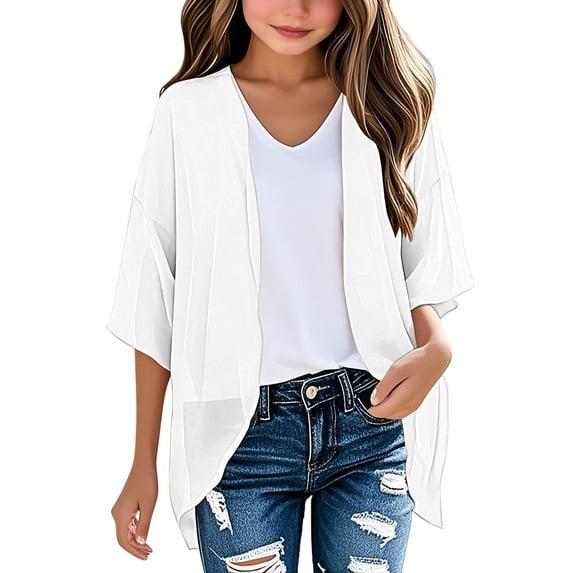 REDARER Girls' Chiffon Open Front Cardigan - Lightweight Solid Color Spring Summer Sun Protection Versatile Kids Everyday Layering Top,13-14 Years