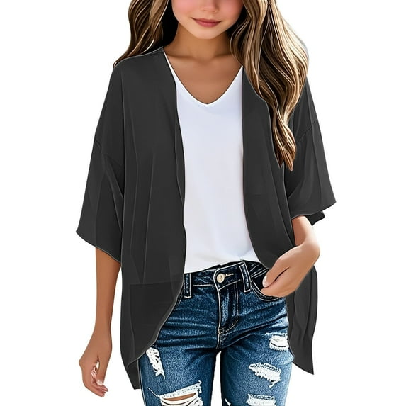 REDARER Girls' Chiffon Open Front Cardigan - Lightweight Solid Color Spring Summer Sun Protection Versatile Kids Everyday Layering Top,5-6 Years