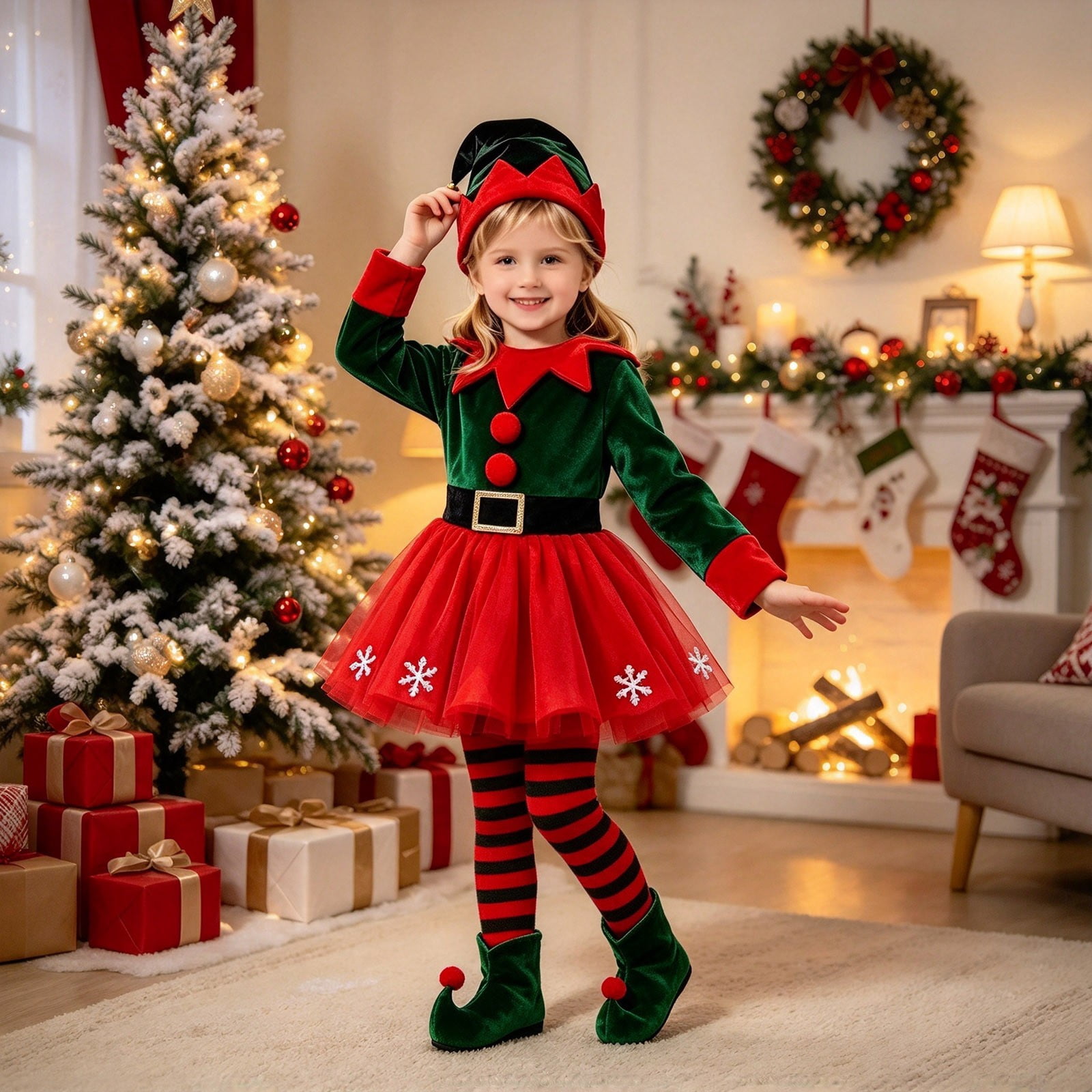 REDARER Girls Christmas Elf Dress Set with Hat Gloves Striped Tights ...