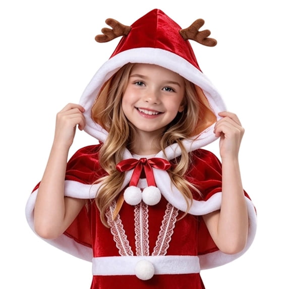 REDARER Girls Christmas Hooded Cape Cute Reindeer Antler Xmas Shawl Velvet Holiday Costume Cape for Kids Party Cosplay,32CM