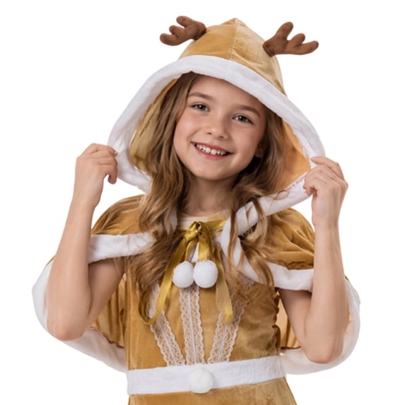 REDARER Girls Christmas Hooded Cape Cute Reindeer Antler Xmas Shawl Velvet Holiday Costume Cape for Kids Party Cosplay,32CM